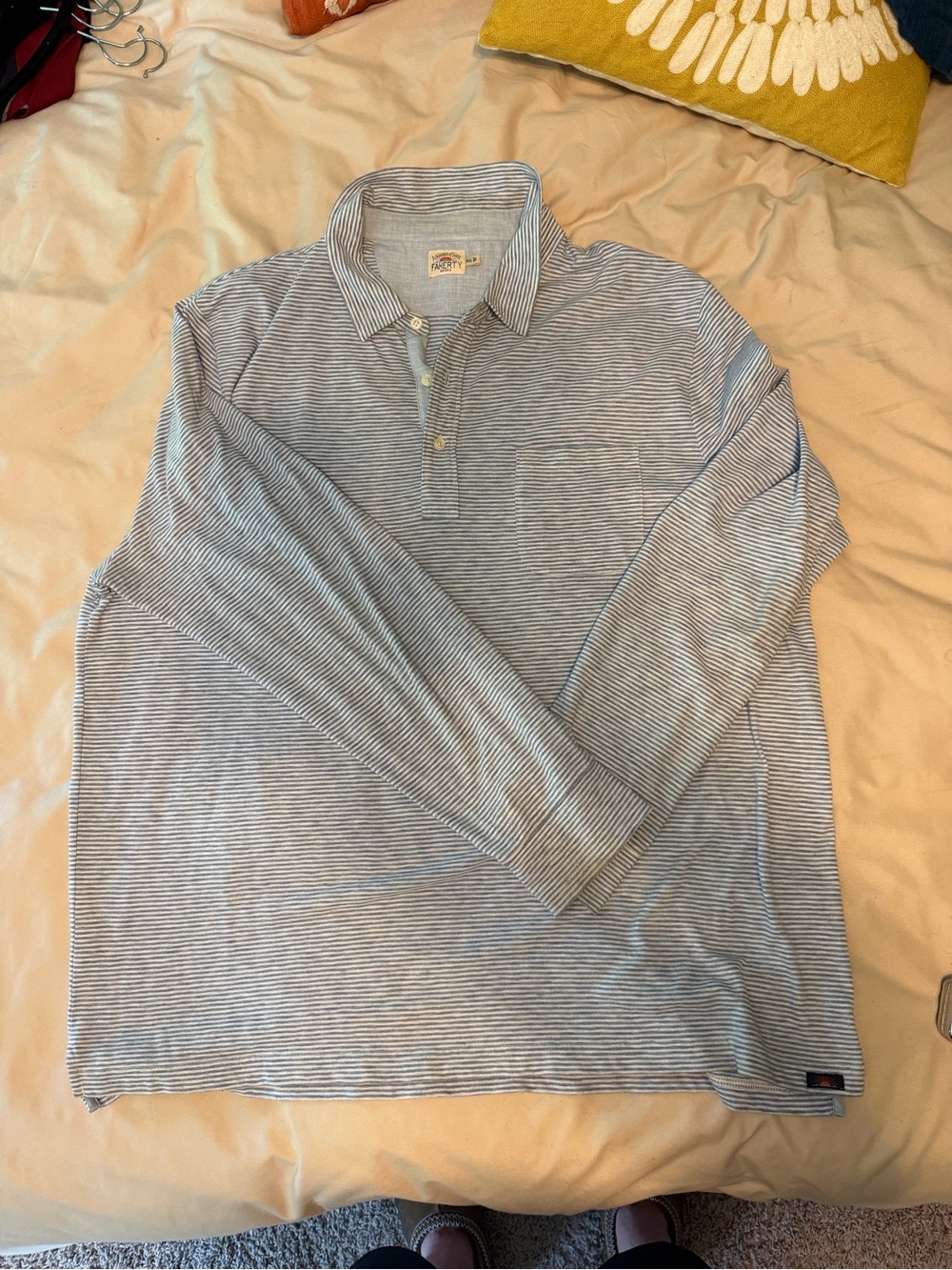 Faherty Light Blue & White Thin-Striped Long Sleeve Polo XXL